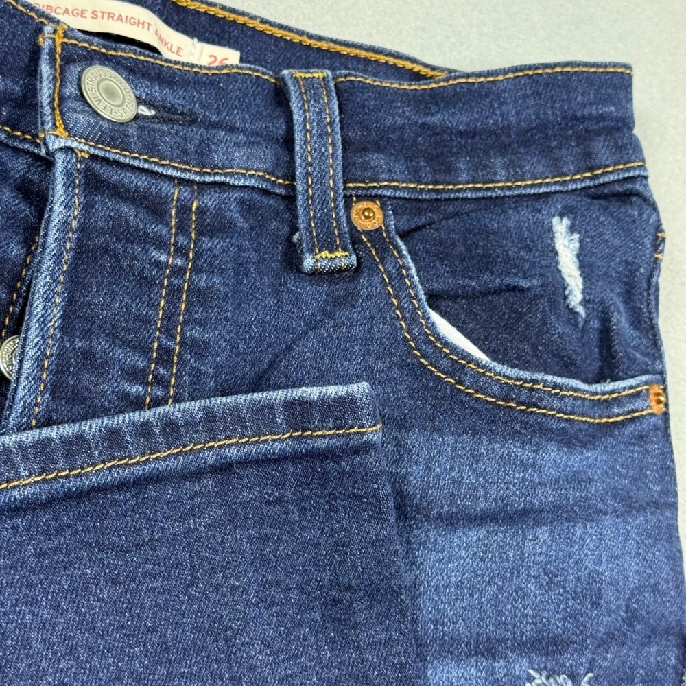 Levis Ribcage Straight Ankle Jeans Dark Wash Distressed High Rise Womens 26